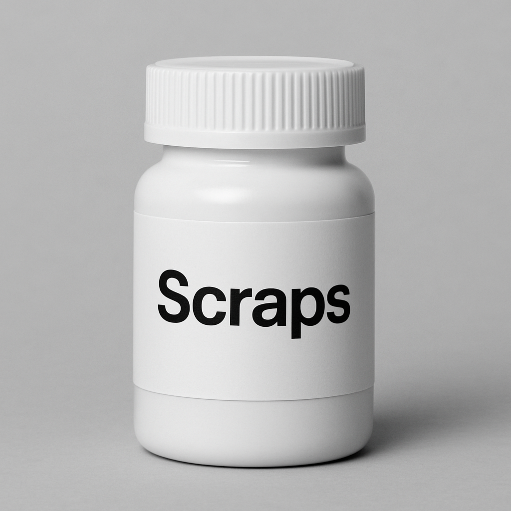 a photorealistic monochrome image of a screw-cap pill bottle. The label has the word 'Scraps' on it.