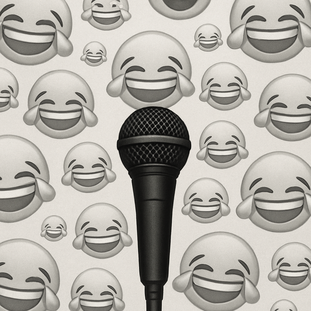 a microphone with a background of crying laughing emojis all different sizes and angles