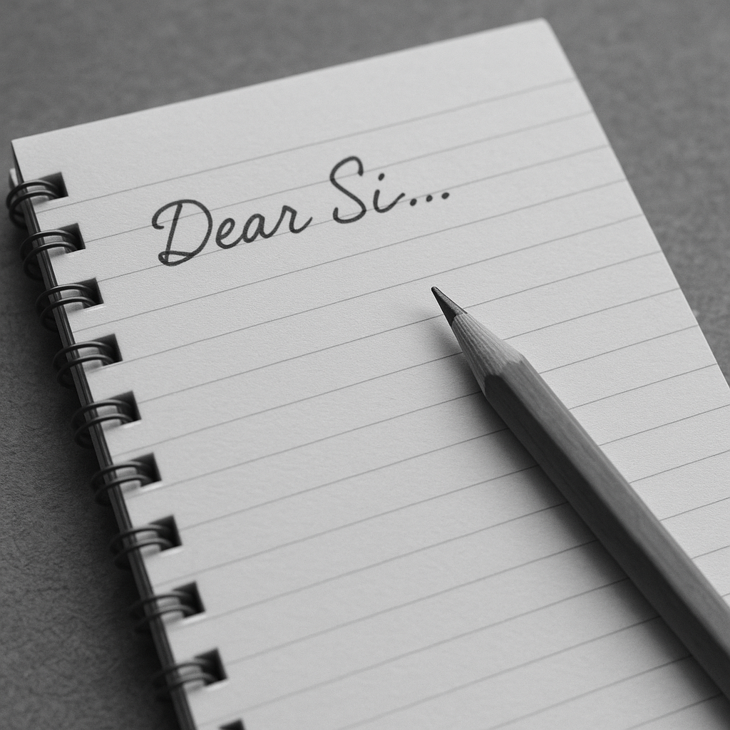 a lined ring-bound notebook open at a page with the words 'Dear Si...'. A pencil rests on the notebook