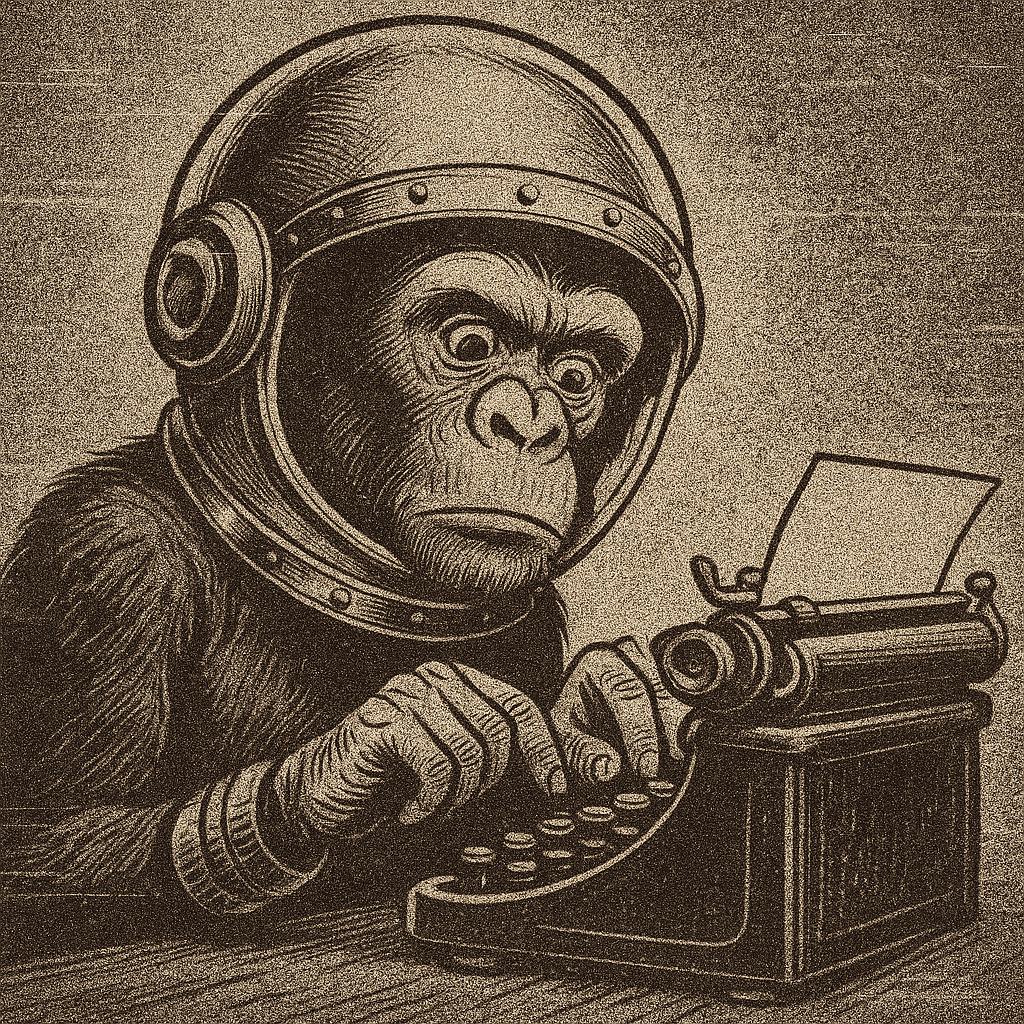 a monkey in a Soviet-era space helmet is typing on an old-school typewriter
