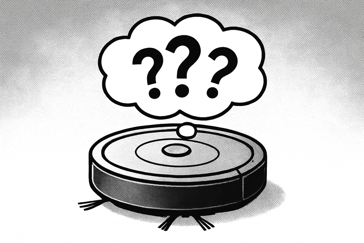 a robot vacuum cleaner with a thought bubble containing 3 question marks