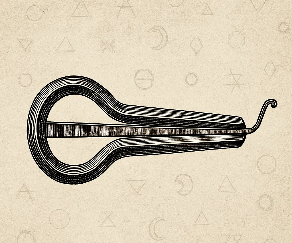 Illustration of a jaw harp with a patterned background of triangles, crescents and circles
