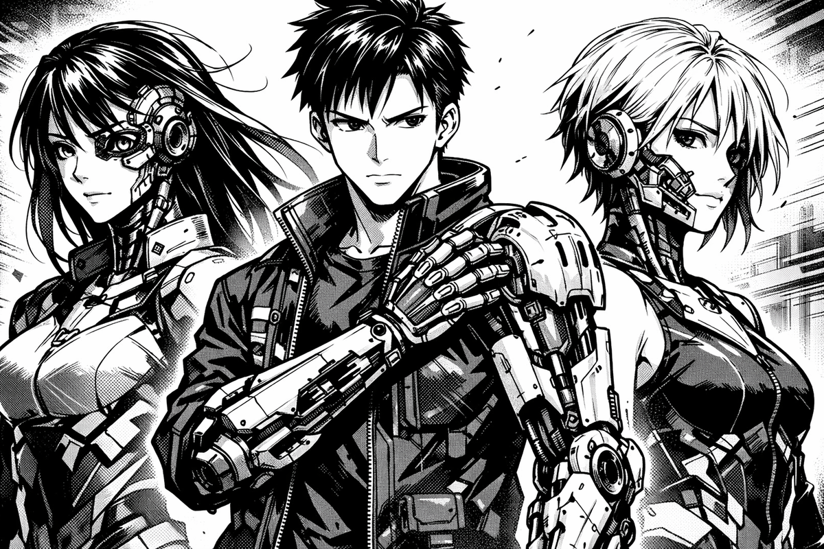 three cyborg figures, 2 female, one male. They have badass robotic enhancements to their flesh and blood bodies.