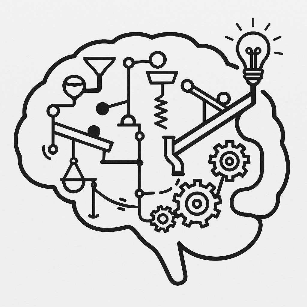 an outline of a brain containing a complex Rube Goldberg machine