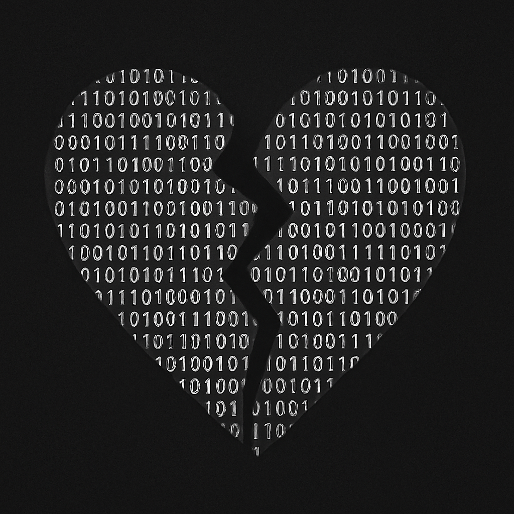 a monochrome broken heart emoji filled with zeroes and ones