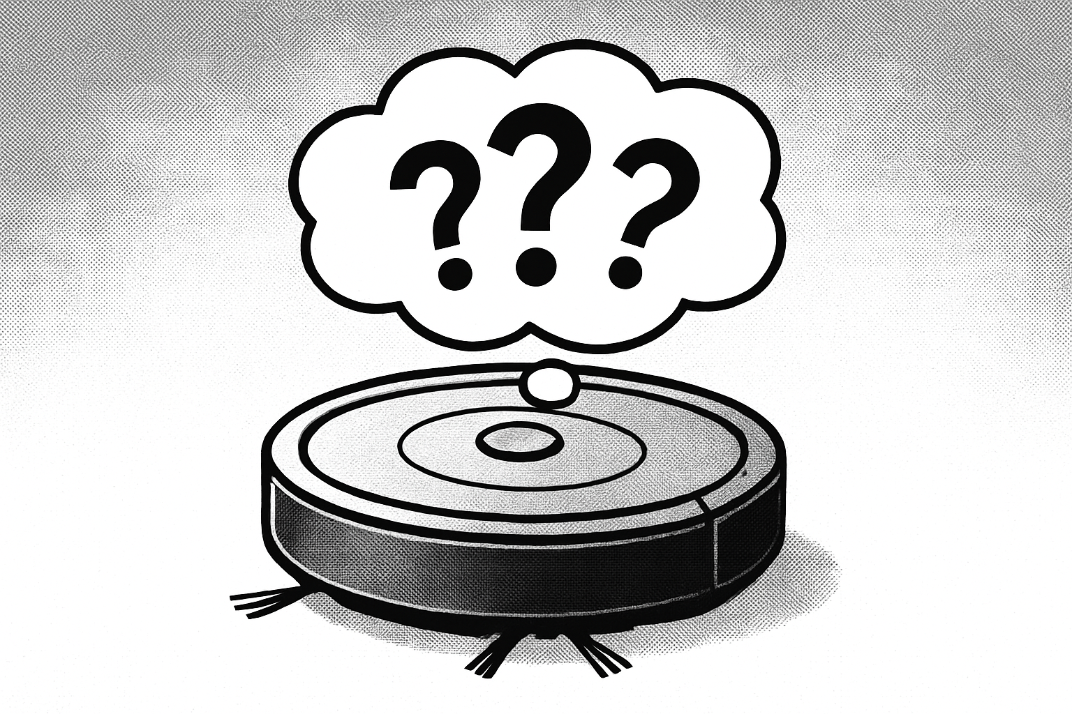 a robot vacuum cleaner with a thought bubble containing 3 question marks