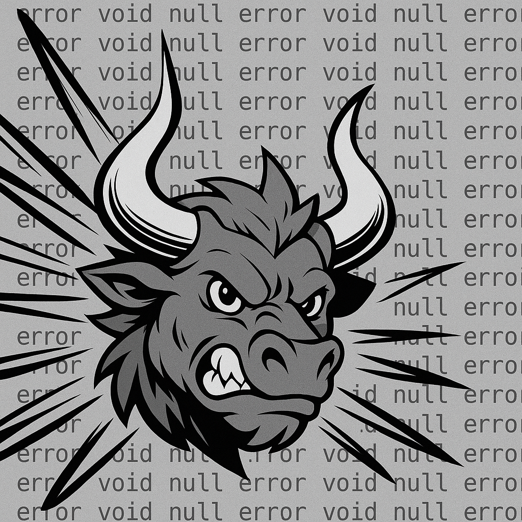 A stylised manga-style minotaur's face. The image conveys rising energy or power. The background is a clean, repeating grid of monospace words: "error", "void", and "null".