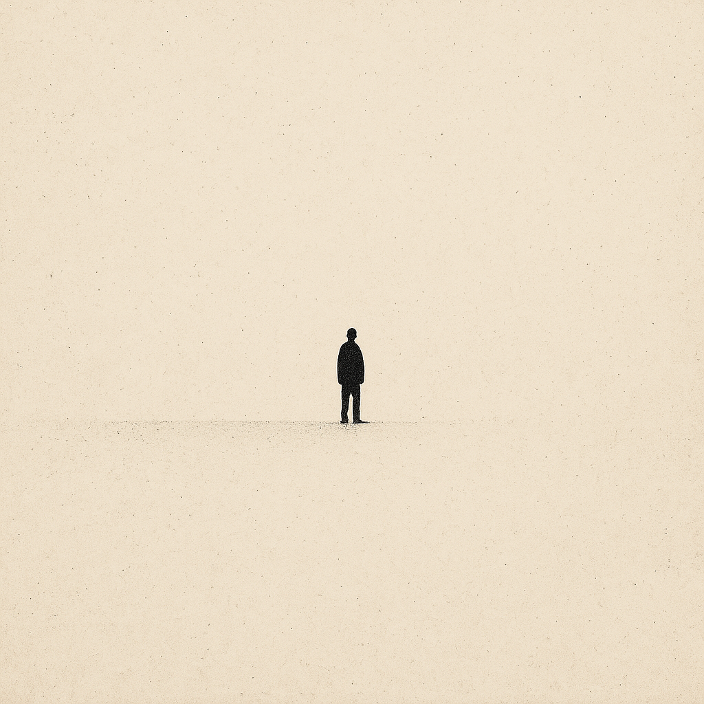 a tiny isloated figure stands on an indistinct horizon far away