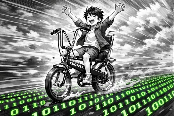 Manga-style image of a kid riding a bike with no hands on a road composed of binary ones and zeroes. The kid has their hands above their head and a carefree smile on their face,
