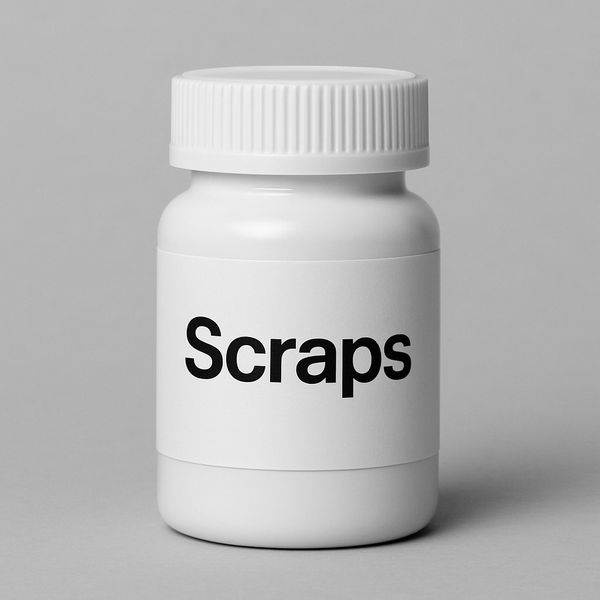a photorealistic monochrome image of a screw-cap pill bottle. The label has the word 'Scraps' on it.