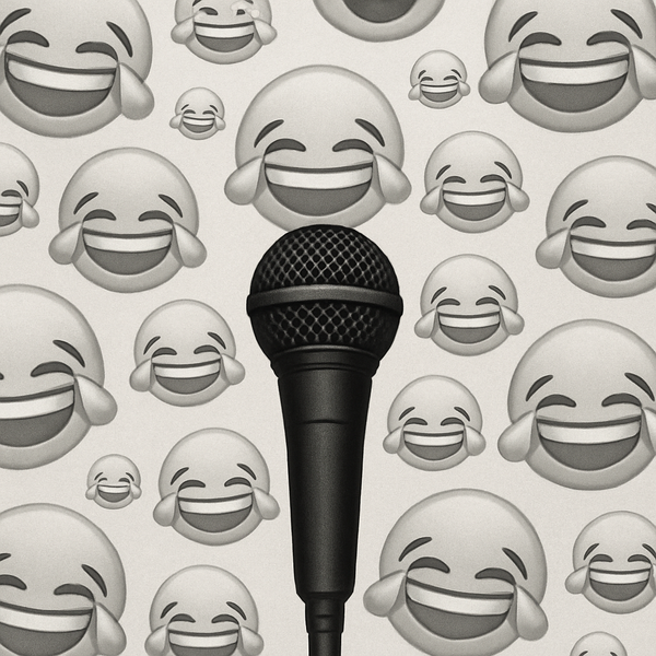 a microphone with a background of crying laughing emojis all different sizes and angles
