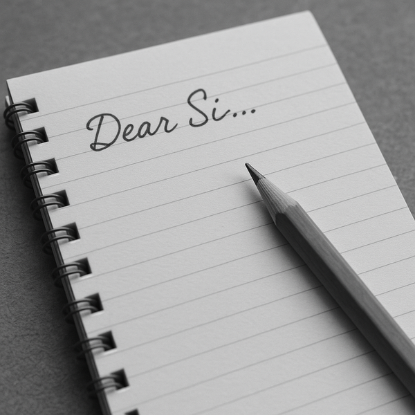 a lined ring-bound notebook open at a page with the words 'Dear Si...'. A pencil rests on the notebook