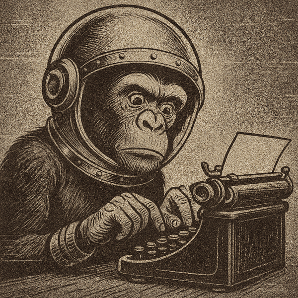 a monkey in a Soviet-era space helmet is typing on an old-school typewriter