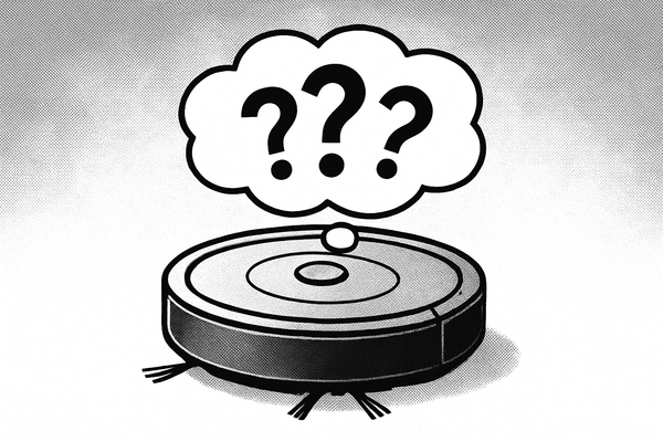 a robot vacuum cleaner with a thought bubble containing 3 question marks