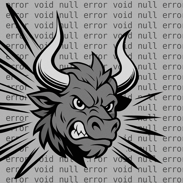A stylised manga-style minotaur's face. The image conveys rising energy or power. The background is a clean, repeating grid of monospace words: "error", "void", and "null".