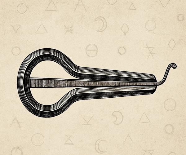 Illustration of a jaw harp with a patterned background of triangles, crescents and circles