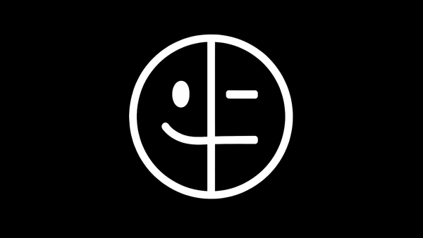 The jokes and pain logo. A monochrome emoji divided down the middle into a half-smiling, half-pained face