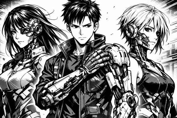 three cyborg figures, 2 female, one male. They have badass robotic enhancements to their flesh and blood bodies.